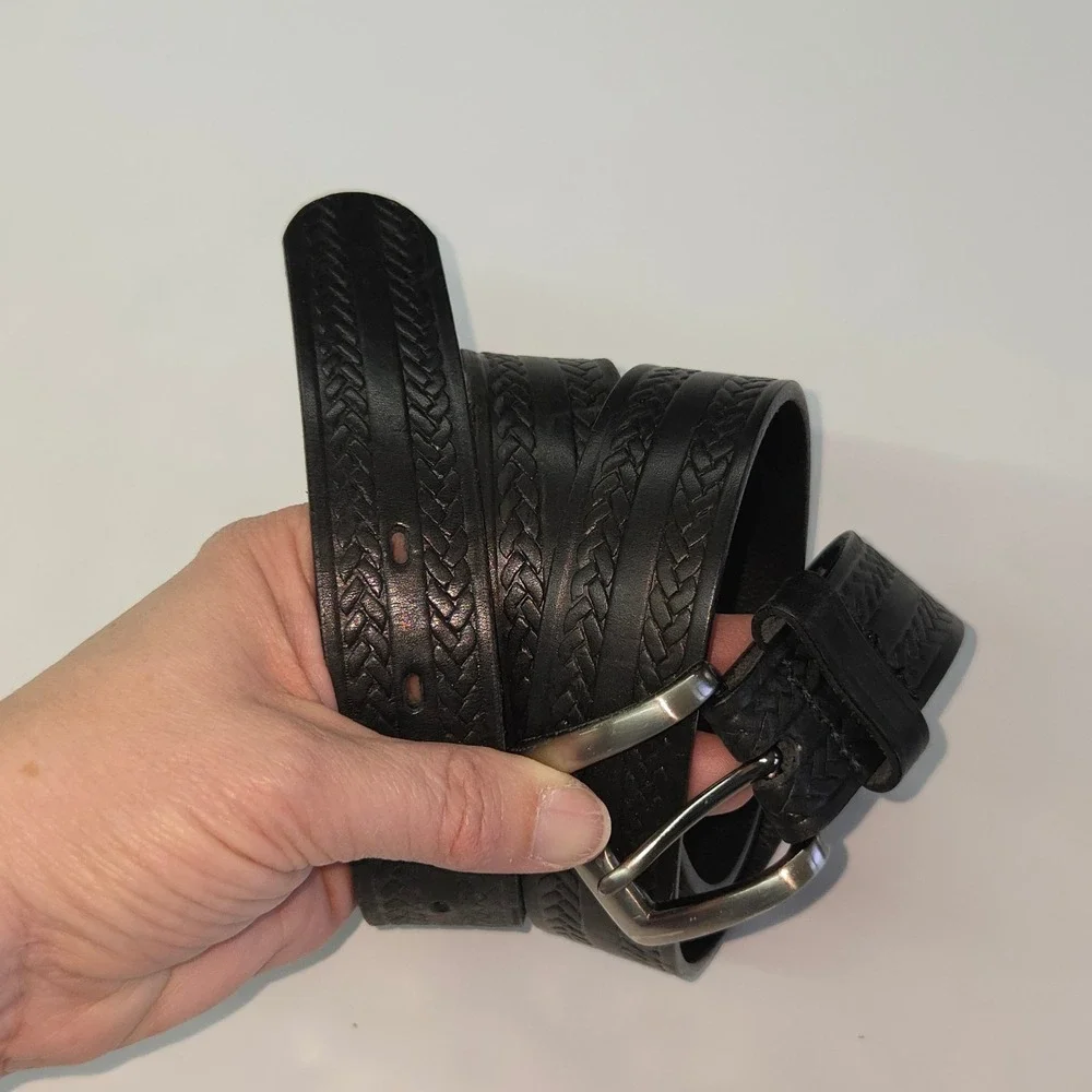 Genuine‎ Leather Basketweave Belt Mens 36 Black Embossed Made in USA 8401